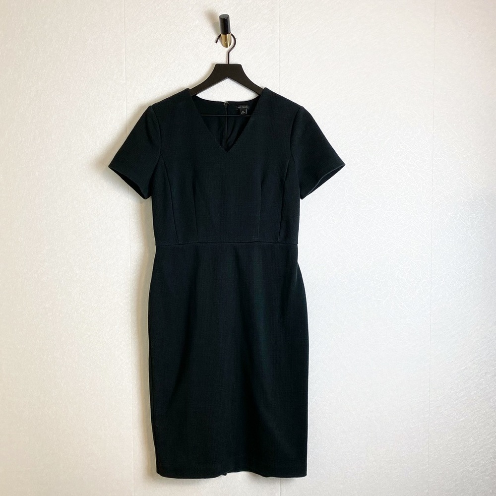 Ann Taylor Tall Cotton Blend Textured Black Plaid Classic Sheath Dress V-Neck